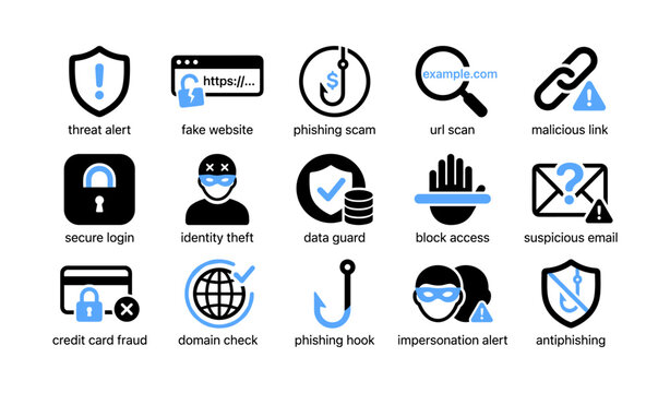 Phishing and threat icons showing alerts and detection on white