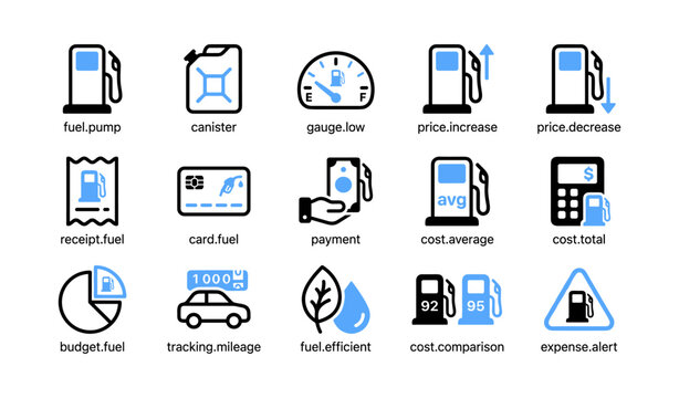 Fuel icons illustrating pricing payment and mileage tracking