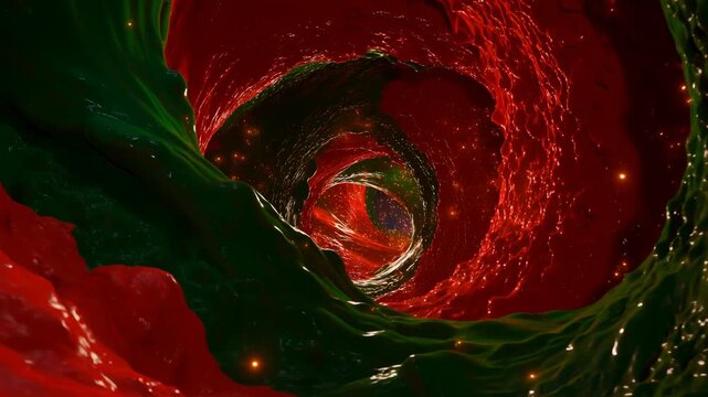 Abstract red and green spiral tunnel with glowing center