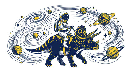 Astronaut riding dinosaur through galaxy, planets and stars illustration © hana