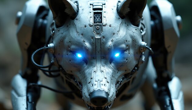 Robotic wolf with metal body and glowing blue eyes. Mechanical creature in forest. Futuristic cyborg animal head detailed, aggressive stance.