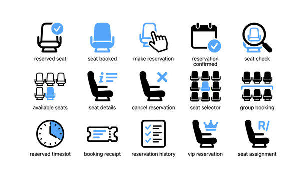 Seat reservation and booking icons for scheduling and selection