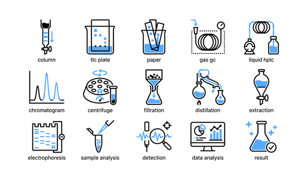 Lab chromatography and separation icons on white background