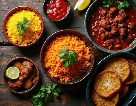 Top view of diverse Puerto Rican dishes. Includes yellow rice, red beans, stewed chicken, and fried plantains. Garnished with cilantro and lime slices. Served on a rustic wood table.