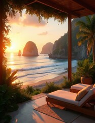 Obraz premium Luxury resort balcony view overlooking tropical beach at sunset. Ocean waves gently lap sandy shore. Two empty lounge chairs await visitors on patio.