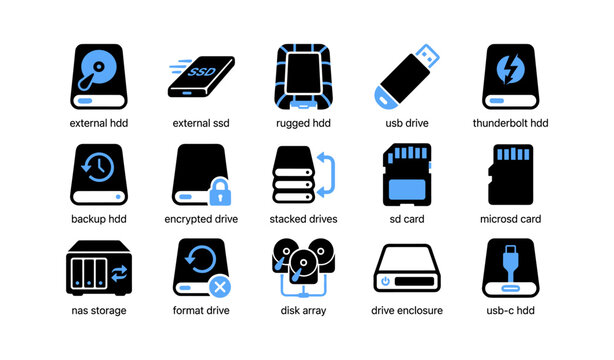 Storage device icons showing drive types on white grid