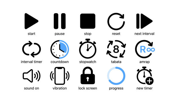 Timer control icons arranged in a grid on a white background