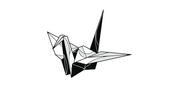 black and white origami crane on white background
