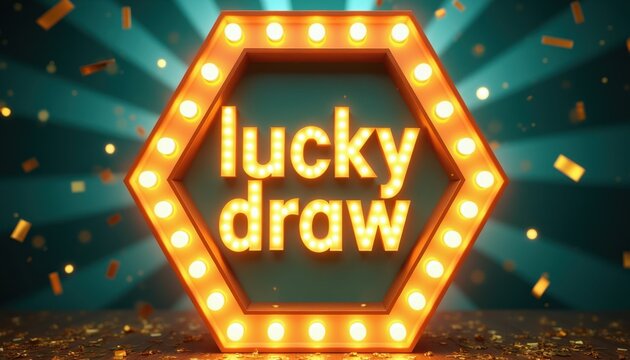 Hexagonal sign displays lucky draw with glowing marquee lights. Gold confetti falls around a stage. Event promotion, celebration, winning, and game show design.