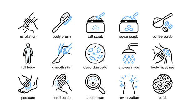 Body scrub and exfoliation icons for skin care treatments