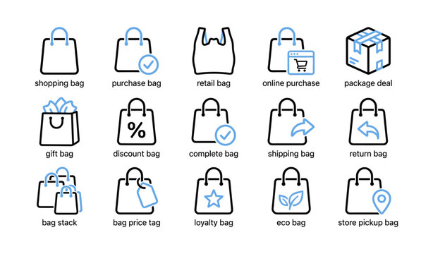 Shopping bag icons showing purchase return and delivery concepts