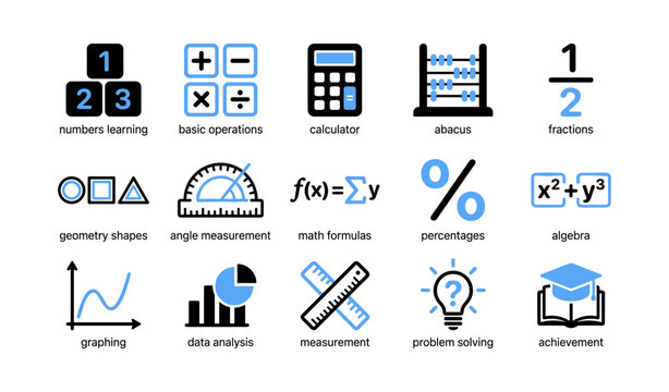 Mathematics icons illustrating topics and tools on white background
