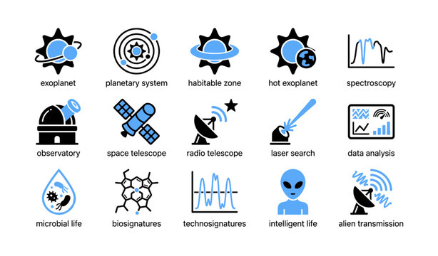 Space icons representing exoplanet research tools and signal detection