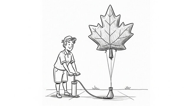 Young Boy Watering Giant Maple Leaf Illustration Concept.