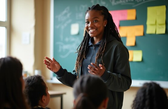 Young teacher with dreadlocks speaks to class in front of green chalkboard. Students listen attentively in classroom setting. Colorful sticky notes on blackboard.