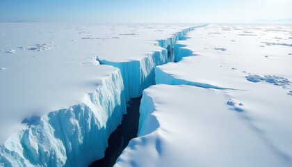 Naklejka premium Aerial view of a long crevasse splitting Antarctic ice sheet. Deep icy canyon with dark water below. Vast white frozen landscape under clear blue sky.