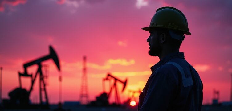 Oil worker in hard hat watches pumpjacks at sunset. Industrial site against vibrant pink and purple sky. Person in work clothes observes energy extraction scene.