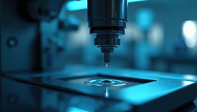 Automated precision nozzle dispenses liquid micro-drop onto surface. Sterile lab equipment creates ripples in futuristic sci-tech setting. Precision liquid handling for research.