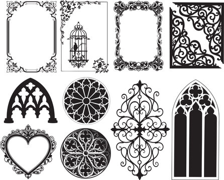 Gothic architectural elements and vintage frames vector set, isolated design details