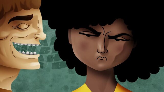 man mansplaining talking to an latina woman tired of listening