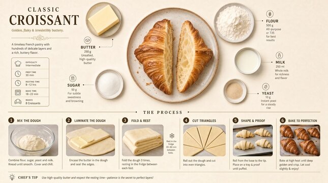 Croissant recipe infographic with ingredients and step by step baking instructions, flat lay classic French pastry vector illustration