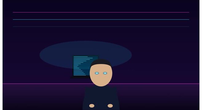 Hacker coding on laptop in dark room digital cyber animation