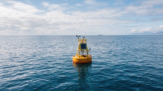 A bright yellow ocean buoy with a solar panel and weather monitoring equipment floats on the calm surface of a deep blue sea under a partly cloudy sky with a distant ship and mountain range.