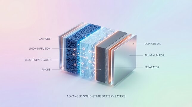 Detailed 3D illustration of advanced solid-state battery layers, showcasing cathode, li-ion diffusion, electrolyte layer, anode, copper foil, aluminum foil, and separator.