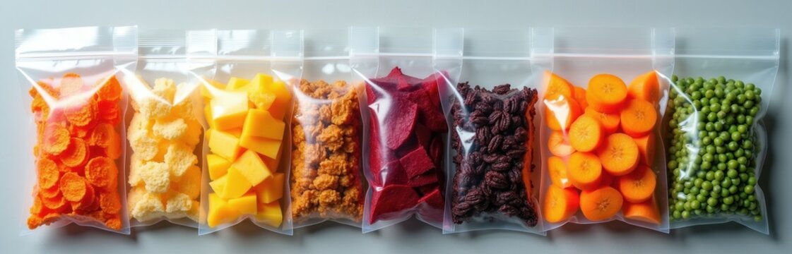 Lineup of eight sealed plastic bags containing assorted dehydrated foods. Varieties include orange carrot chips yellow cubes cheese crunchy snacks beet slices raisins sliced carrots and green peas.