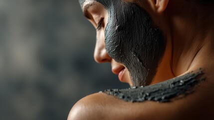 Woman receiving a skincare treatment, applying a dark clay mask to her face and shoulder, focusing on beauty, health, and wellness rituals at a modern spa