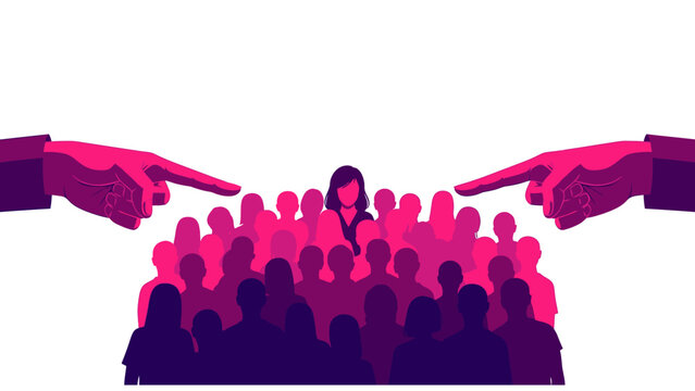Social Pressure and Judgment Concept with Two Giant Hands Pointing at a Woman in a Crowd of Silhouettes ideal for articles on cyberbullying, social shaming, or workplace pressure.