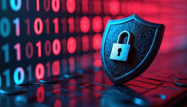 Digital shield with lock icon against binary code. Cyber security and data protection concept. Network and system defense against digital threats.