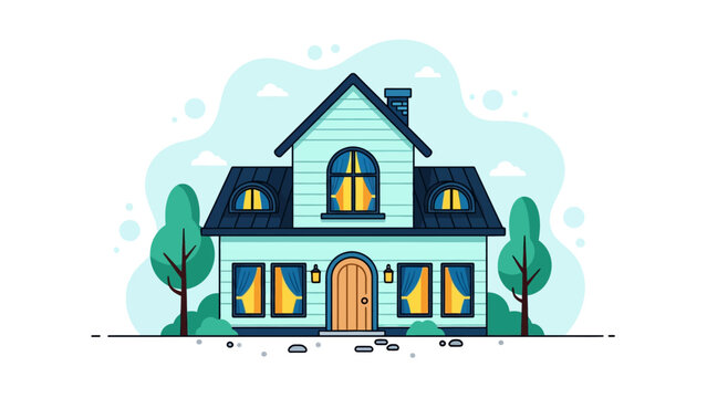 Charming House Illustration featuring a two-story suburban home with glowing windows and green trees in a flat vector style, ideal for real estate marketing and home insurance.
