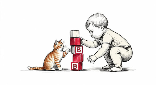 Curious toddler and kitten playing with alphabet blocks together.
