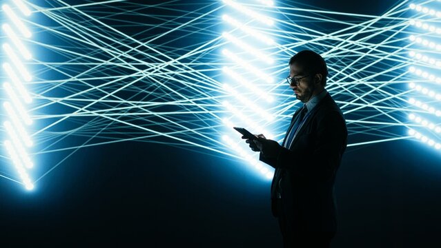Enhancing AI neural network, tablet and programmer using deep learning algorithms, Optimizing artificial intelligence, data processing and software developer looking at generative model, camera B.