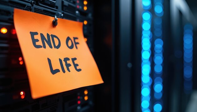 Orange sticky note with text End of Life attached to server rack. Computer hardware shows red blinking lights. Data center background with blue bokeh effect lights.