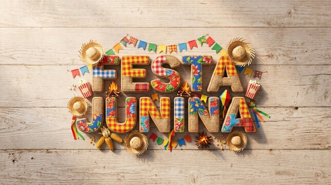 Letreiro tridimensional colorido Festa Junina com textura artesanal e elementos tradicionais em composi&ccedil;&atilde;o premium