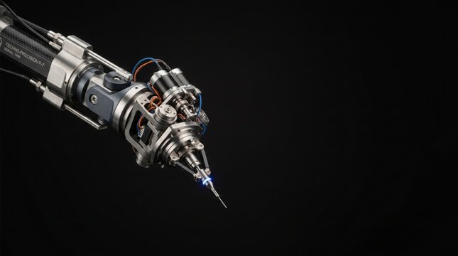 The Technodrone P7 robotic arm features a metallic body with visible wires and a pointed tip on a black background.