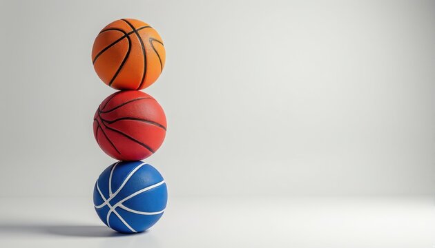 Three colorful basketballs are stacked vertically. Orange, red, and blue balls create a balanced tower. The image is perfect for sports themes and concepts.
