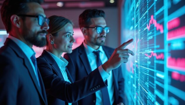 Team of business people look at glowing screen showing financial charts. They analyze data, discuss strategy for market growth. Colleagues work together in office analyzing stocks.