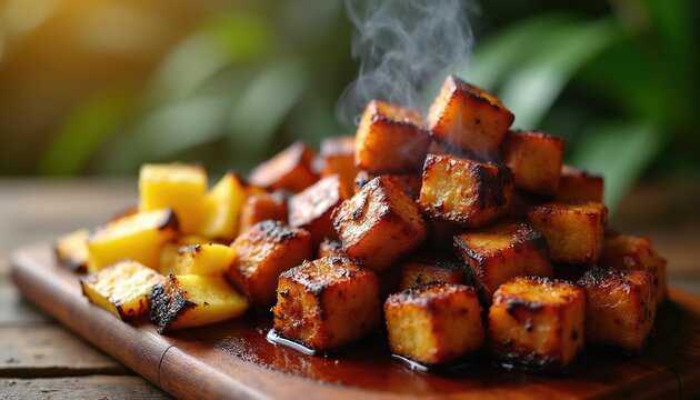 Hot grilled jerk chicken cubes steam rising with charred pineapple chunks on wood board. Savory spicy meat dish served with sweet fruit, summer BBQ food.