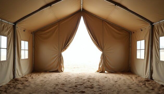 Empty beige tent interior with sandy floor. Windows let in light. Open curtains reveal bright outdoor space, suggesting temporary shelter or event setup.