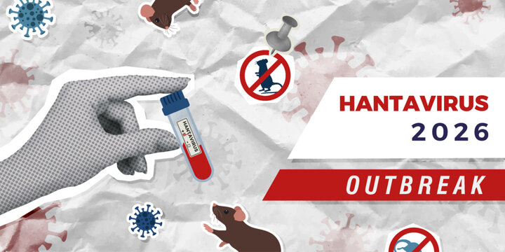 Hantavirus concept collage. Halftone hand holding test tube with positive hantavirus test. Vector illustration with paper texture background, rat and stop virus stickers
