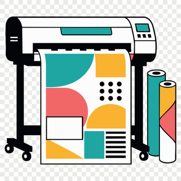 Large format plotter machine printing colorful geometric poster in digital print shop