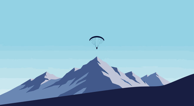 A lone paraglider descends over sharp, blue-hued mountains under a pale sky