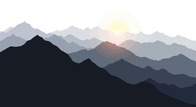 Layered mountain range at sunrise, with a gradient of blues and soft yellow light