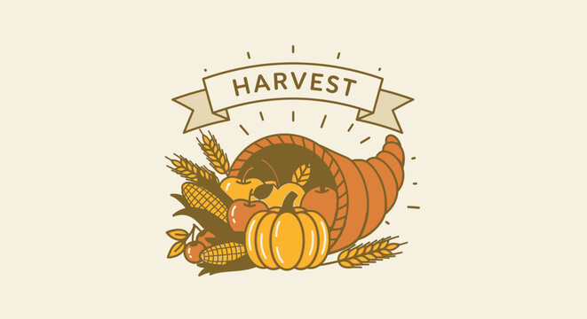 Harvest cornucopia with pumpkin and wheat.