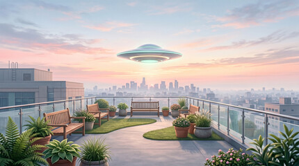 Fototapeta premium Hopeful UFO Sighting Above a Quiet Hospital Rooftop Garden at Dawn