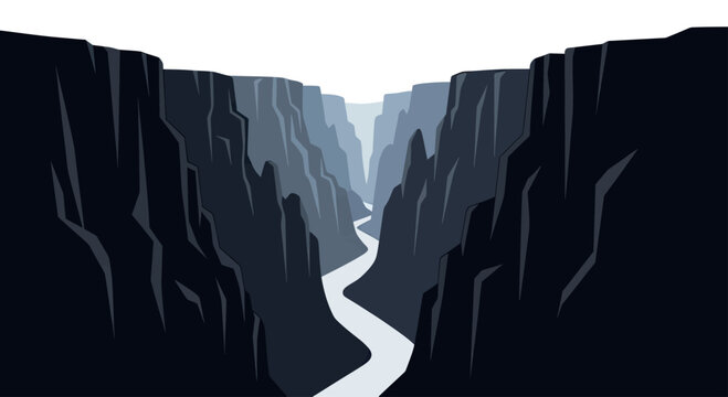 Jagged, towering canyon walls flank a winding, light-colored river flowing into the distance