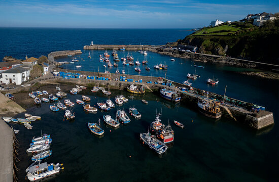 Aerial views of the harbor at Mevagissey on the south coast of Cornwall, England.